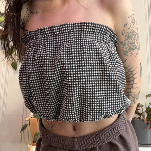 vintage deadstock fabric handmade black and white checked gingham tube top - Picture 2 of 4
